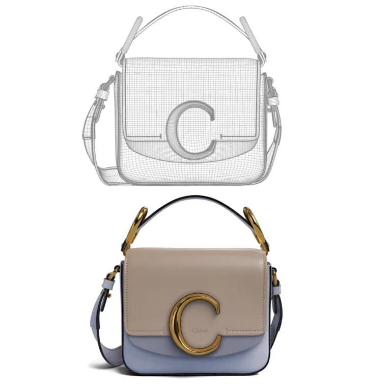 3D rendering of a Chloé bag with an highlight on the 3D modelling phase