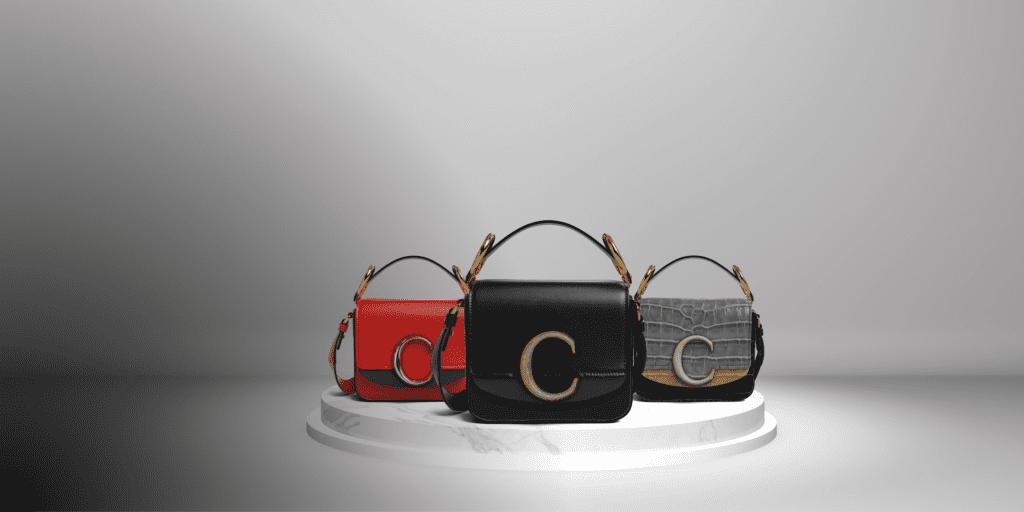 Header of photorealistic 3D visuals of the Chloé C-bag