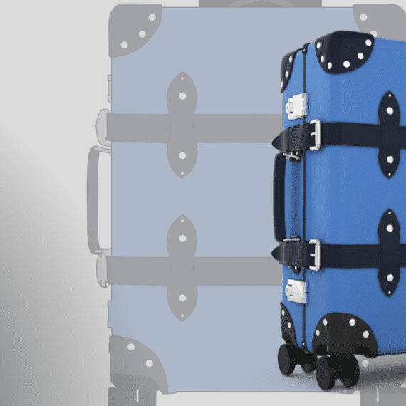 Header with a 2D visual and 3D rendering of a Globe Trotter suitcase